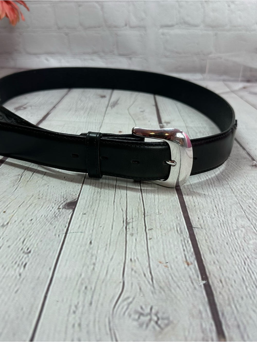 Tony Lama Black Leather Belt with Silver Buckle